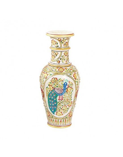 Marble Flower Vase Hand Painted with Peacock in Pastel Colors by Handicrafts Paradise