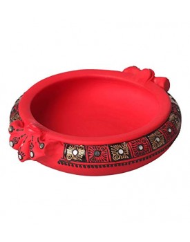 Shabana Art Potteries Handmade Earthenware Decorative Flower Pot/Urli - Red (Dia - 8.5 inch)