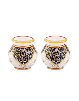 Marble Round Flower Vase Pair Painted in Kuppi Work by Handicrafts Paradise
