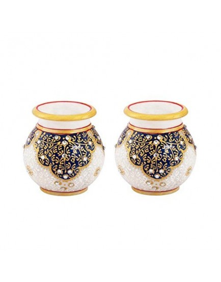 Marble Round Flower Vase Pair Painted in Kuppi Work by Handicrafts Paradise