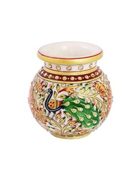 Round Flower Pot in Marble with Peacock Painted with Long Feathers by Handicrafts Paradise