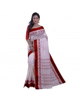 Avik Creations Women’s Tant Tangail Handloom Cotton Saree Red Border White Without Blouse Piece