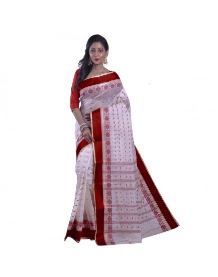 Avik Creations Women’s Tant Tangail Handloom Cotton Saree Red Border White Without Blouse Piece