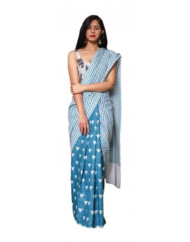 Morvi Women's Handloom Cotton Saree (Blue)