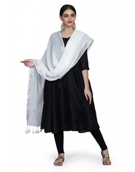 THE WEAVE TRAVELLER Women's Handloom Hand Woven Cotton Slub Dupatta with Pom Pom Edgings (Ivory White; Free Size)