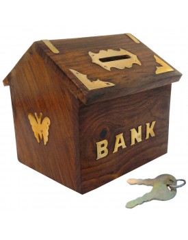 VISHAL INDIA CRAFT Mart Handicraft Wooden Piggy Bank for Kids and Adults (Brown)