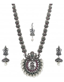Matushri Art Temple Jewelry of God Laxmi Dancing Peacock Antique German Oxidised Silver Plated Jewellery Set for Women