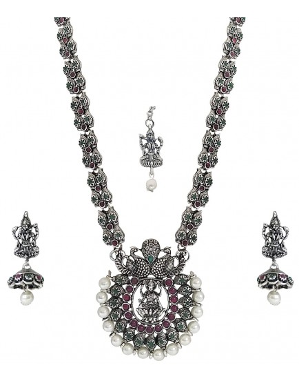 Matushri Art Temple Jewelry of God Laxmi Dancing Peacock Antique German Oxidised Silver Plated Jewellery Set for Women