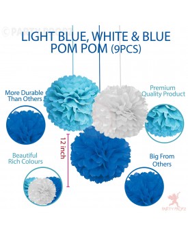 Party Propz Paper Pom Pom for Decoration 12 Inches Set of 9 Pcs (Light Blue, White & Dark Blue)