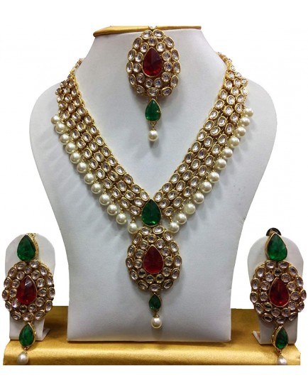 Shining Diva Gold Plated Kundan Pearl Traditional Necklace Jewellery Set with Maang Tikka and Earring for Women(Multicolor)
