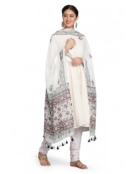 THE WEAVE TRAVELLER handloom Hand Block Printed Cotton Slub Dupatta With Zari Border and Pom Pom Edgings