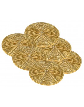 Prisha India Craft Handmade Golden Beaded Tea Coasters, 4 Inch | Set of 6