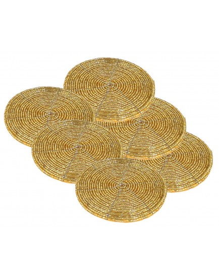 Prisha India Craft Handmade Golden Beaded Tea Coasters, 4 Inch | Set of 6