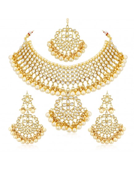 Sukkhi Trendy Kundan Gold Plated Wedding Jewellery Pearl Choker Necklace Set for Women