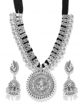Youbella Antique German Silver Oxidised Plated Tribal Cotton Thread Necklace Earring Set For Women & Girls