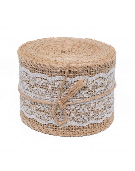 Okayji Hessian Natural Jute White Lace Burlap Craft Ribbon for Vintage Wedding Home Decor Trim Tape, 2 Meter, Trim_LACE_001