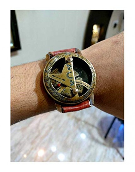 Nadim Handicraft Brass Sundial Compass Wrist Watch Leather Strap