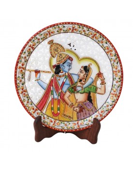 HANDICRAFTS PARADISE Marble Round Plate Cut Work Radha Krishna Pattern