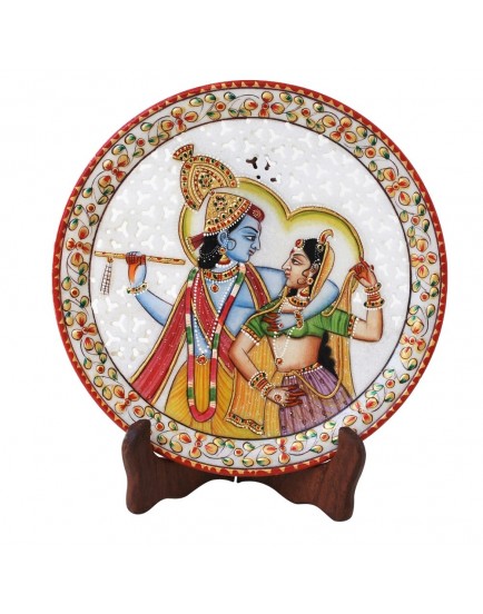 HANDICRAFTS PARADISE Marble Round Plate Cut Work Radha Krishna Pattern