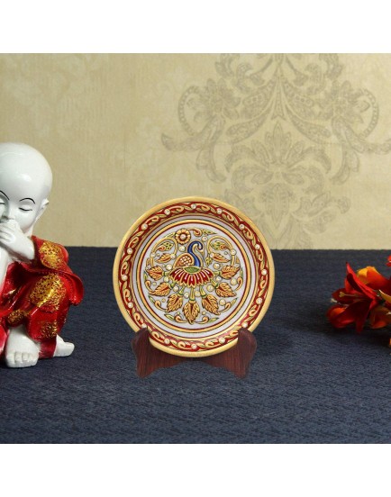 Handicrafts Paradise Peacock with Feathers Spread Pattern Round Shape Marble Showpiece Plate with Stand