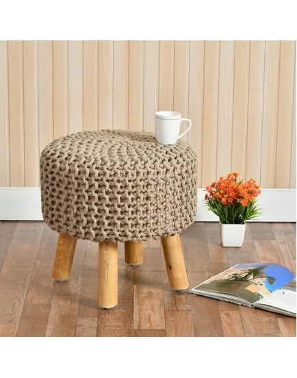 Shadowkart Jute Pouffes Sitting Stool for Living Room Poof Puffy Wooden Ottoman Stools Cotton Poof Furniture Footrest Pouf Footstool for Office Home Decor, 42x42x43Cm, Cotton