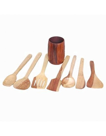 Chota Bhai's Wooden Handcrafted Mango Wood Ladle Set of 7 Multipurpose Serving Cooking Non Stick Ladles Mixing Baking Wooden Spoon (Set of 7)