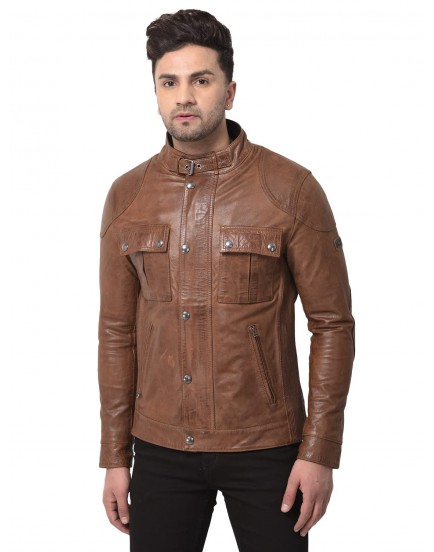 Woodland Mens Leather Casual Regular Fit Leather Jacket (Brown)