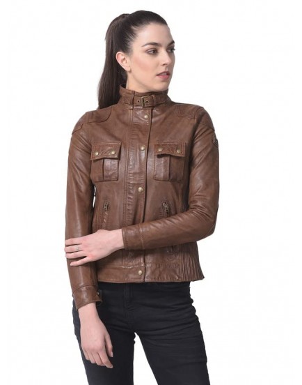 Woodland Womens Leather Casual Regular Fit Leather Jacket (Brown)