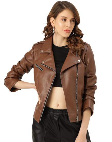 DELGARM Women/Girls Faux Leather Biker Jacket with Lapel Collar