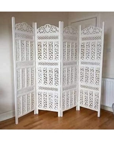 verdant creations Handcrafted 4 Panel Wooden Room Partition, Wooden Room Separator, Wooden Room Divider, Wooden Screen (White)