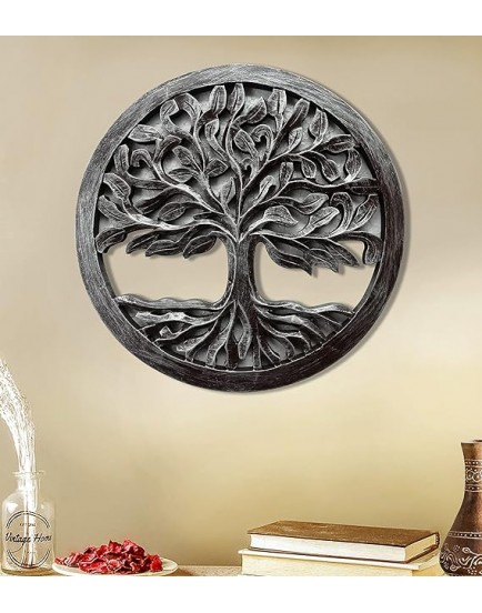CRAFTYKART Hand Crafted Antique Green Finished Round Wooden Wall Decor Wall Panel for Living Room, Bedroom, Hallway, Office (size - 16 inches) (Silver)
