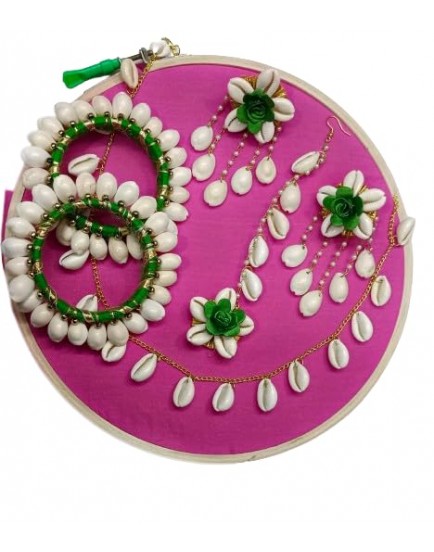  Cowrie Shell and Artificial Floral Necklac, Maang Tika and Earrings with Bangles (2.5 inches) for Women & Girls.   