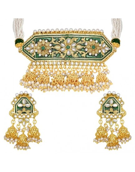 Gold-plated Brass and Kundan Necklace Jewellery Set for Women & Girls