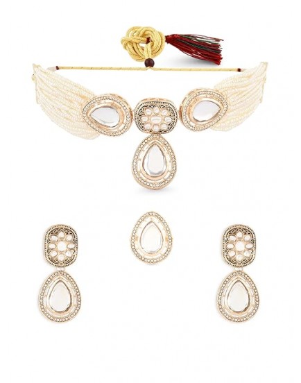 PEARLS Gold Tone Multistrand Beaded Kundan Choker Necklace Earring & Ring Set For Women