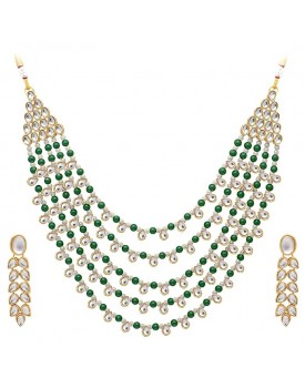 Gold Plated Pearl Kundan Layered Necklace Earring Jewellery Set