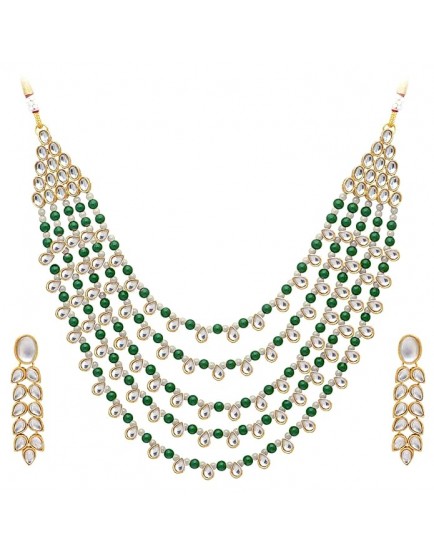  Gold Plated Pearl Kundan Layered Necklace Earring Jewellery Set