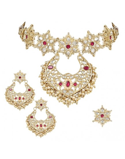18K Gold Plated Traditional Handcrafted Stone Studded Pearl Choker Necklace Jewellery Set With Earrings & Finger ring For Women And Girls (K7243Q)