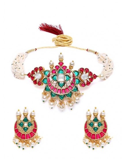 Pink & Green Meenakari Multistrand Pearls Choker Necklace & Earring Set For Women