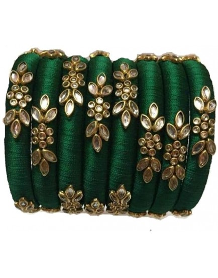 Sihan Handicrafts Kundan Work Silk Thread Bangle Kada For Women Girls 8 PC Set Wedding & Festive Occasion Handmade Multicolored Chura Chuda Chudi Stone Studded(GREEN)