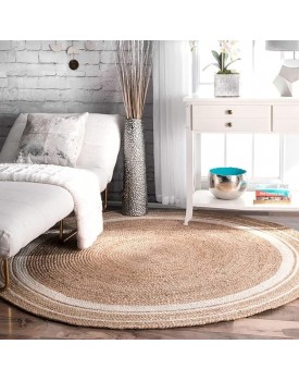 Habere India-All the Cultures Fabricating India Jute Carpet for Living Room, Jute Round Floor Mat, Rugs for Living Room, Jute Centre Table Carpet (Jute + White (Round), Round_3*3 FT)