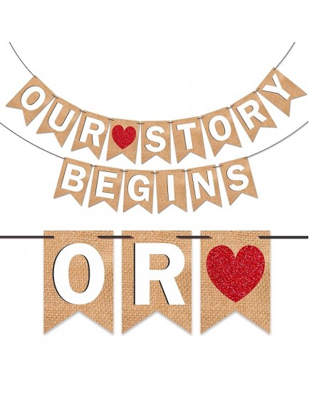 Wobbox Jute Style White Text & Red Heart "Our Story Begins" Pre Wedding Bunting Banner, Pre-Wedding Decoration Item