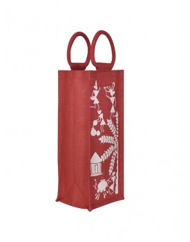 Jute Cottage Eco-Friendly Special Warli Print Water Bottle Bottle Jute Bag (Red)