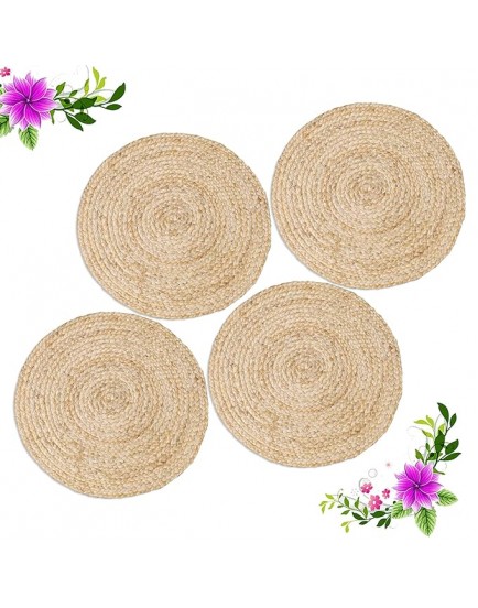 Skylight Fab Osric Comforts Round Braided Jute Placemats for Bed-Side Table/Center Table Dining Table/Shelves (Natural Beige, 35 cm) - Set of 4 Pieces