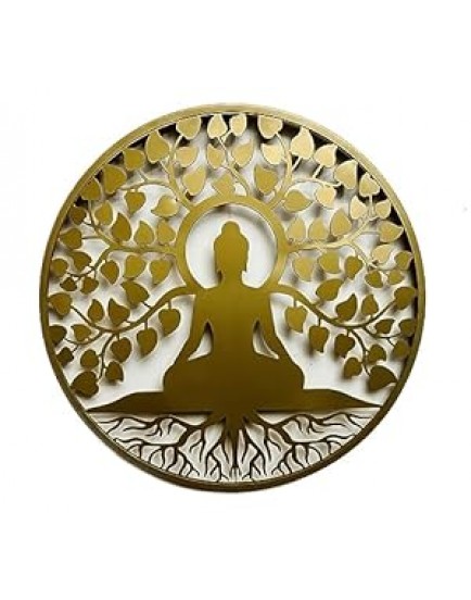 Aain Int Buddha Metal 3d Wall Art 24 Inch Wall Hanging Metal Buddha 60cm for Home Office Metal Buddha Tree Hanging Wall Decor for Living Room Bedroom Kitchen Hall Kids Room Fancy Modern Wall Art (Gold)