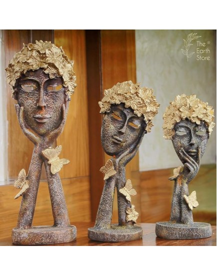 The Earth Store Poly Resin Hand Crafted Set of 3 Muse Thinkers Lady Human Face Showpiece in Thoughtful Posturer with Butterfly & Flowers Hair Figurines for Home Living Room Decorative Show Piece Items