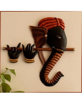 home decor Ganesha Flute Wall Hanging (43x2x24 cm) - Gift for Festive Celebrations Wrought Iron Lord Ganesha Playing Flute Wall Hanging Sculpture