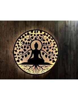 Aain Int Backlit Buddha Metal 3d Wall Art 24 Inch Led Backlight Buddha Tree Hanging Decor 60cm for Home Office Living Room Bedroom Hall Kids room kitchen Handcrafted (LED Backlight, Black)