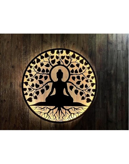 Aain Int Backlit Buddha Metal 3d Wall Art 24 Inch Led Backlight Buddha Tree Hanging Decor 60cm for Home Office Living Room Bedroom Hall Kids room kitchen Handcrafted (LED Backlight, Black)