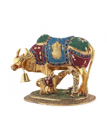Kalakriti Handicraft Big Metal Kamdhenu Cow and Calf Statue | Brass Idols for Pooja | Decorative Items for Home | Showpiece with Krishna (24x20x17 cm, 1 kg) Multicolor