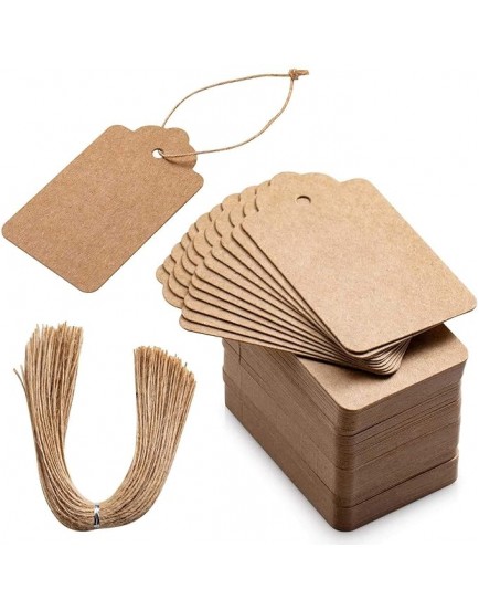 KREEPO 100pcs Premium Gift Tags, Double-Sided Available Kraft Paper Price Tags with 100 Root Natural Jute Twine, Craft Tags Labels Treats Tags for Wedding Christmas Day Thanksgiving (KR-100)